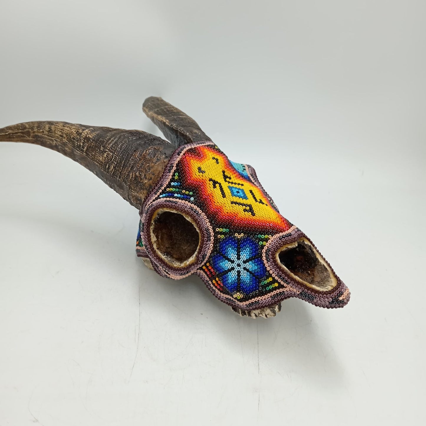 Beaded Huichol Mexican Folk Art Goat Skull By Mayola Villa Lopez PP8733