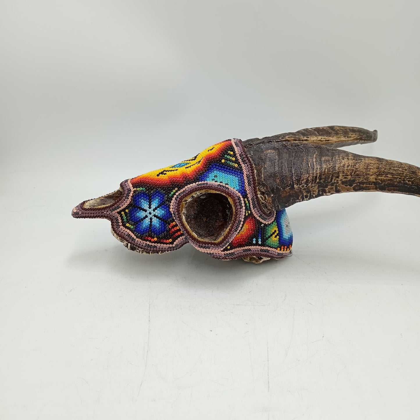 Beaded Huichol Mexican Folk Art Goat Skull By Mayola Villa Lopez PP8733