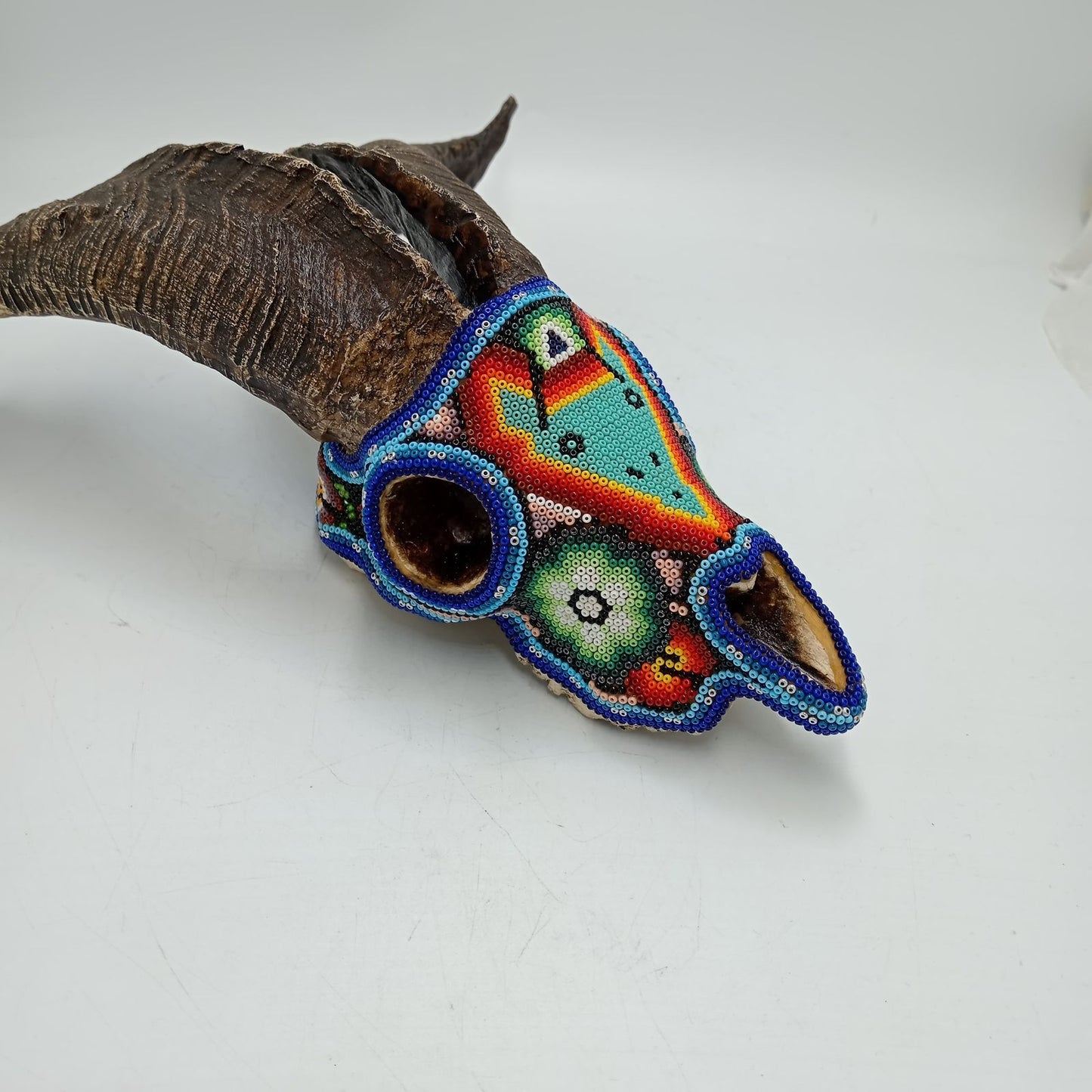 Beaded Huichol Mexican Folk Art Goat Skull By Mayola Villa Lopez PP8734