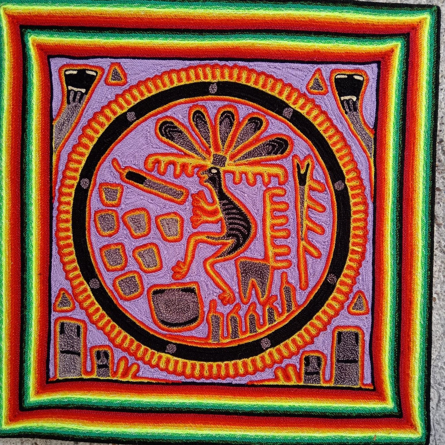 Huichol Indian Mexican Folk Art Yarn Painting by Silverio Gonzalez Rios PP8798