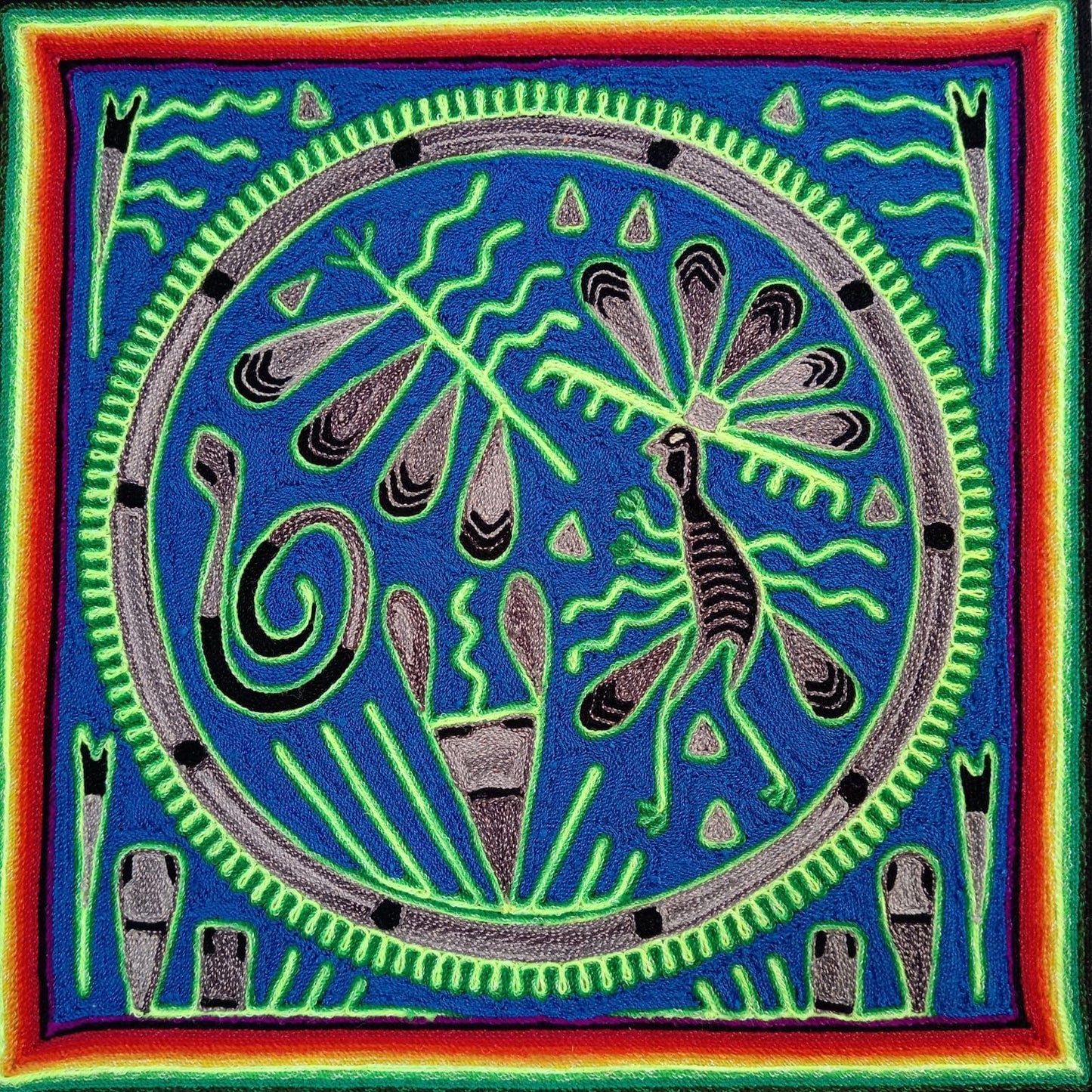 Huichol Indian Mexican Folk Art Yarn Painting by Silverio Gonzalez Rios PP8799