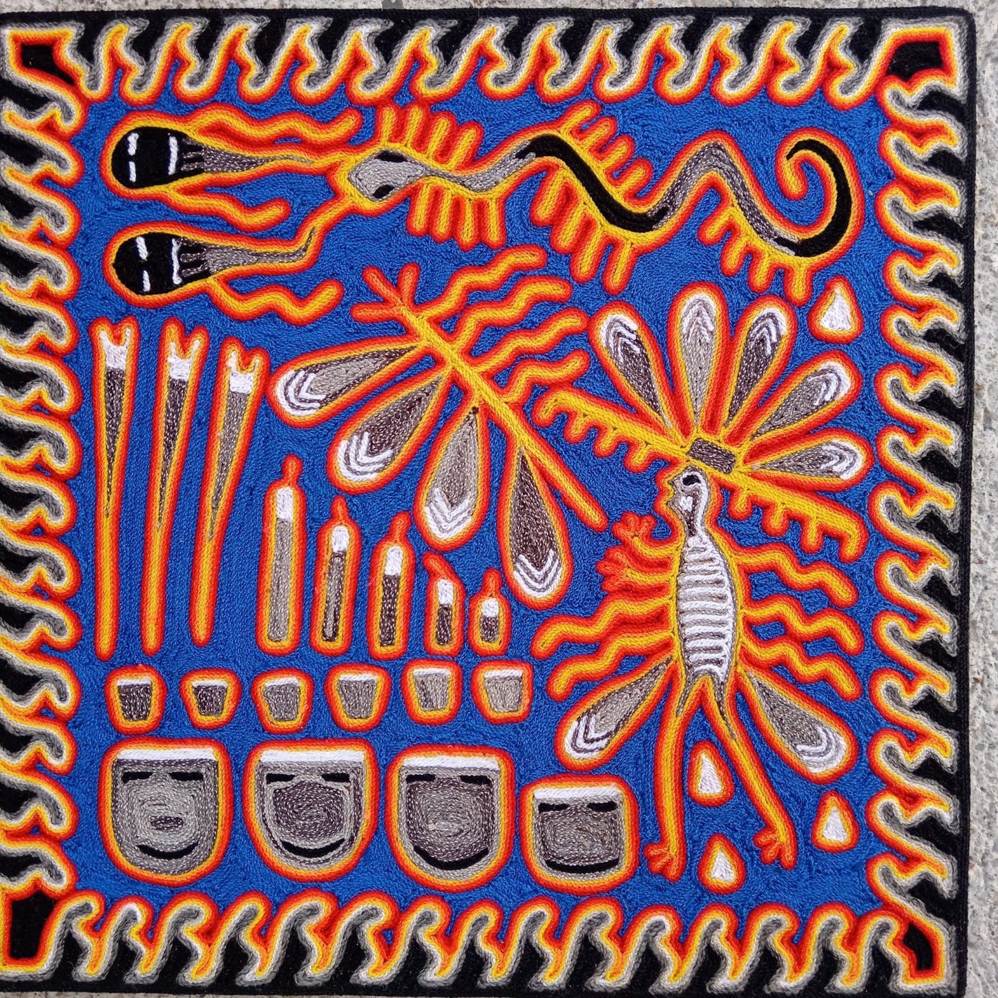 Huichol Indian Mexican Folk Art Yarn Painting by Silverio Gonzalez Rios PP8805