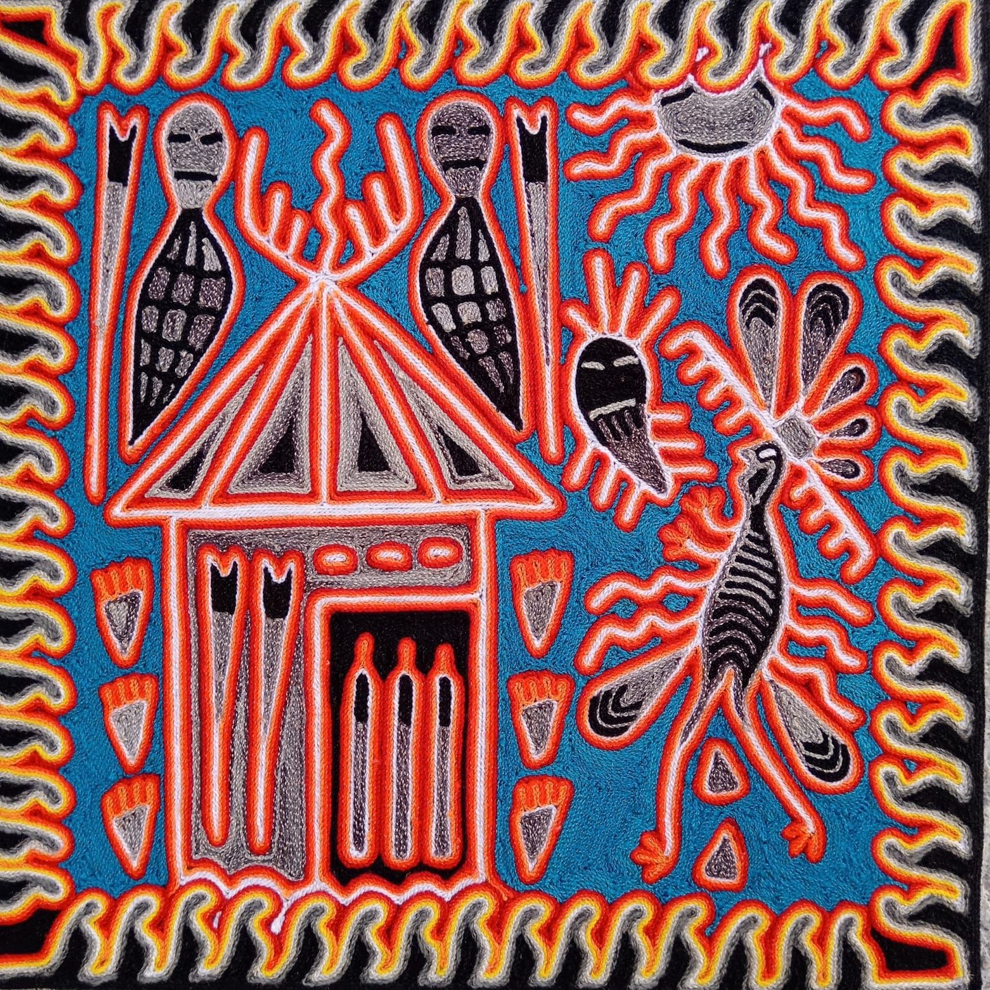 Huichol Indian Mexican Folk Art Yarn Painting by Silverio Gonzalez Rios PP8806