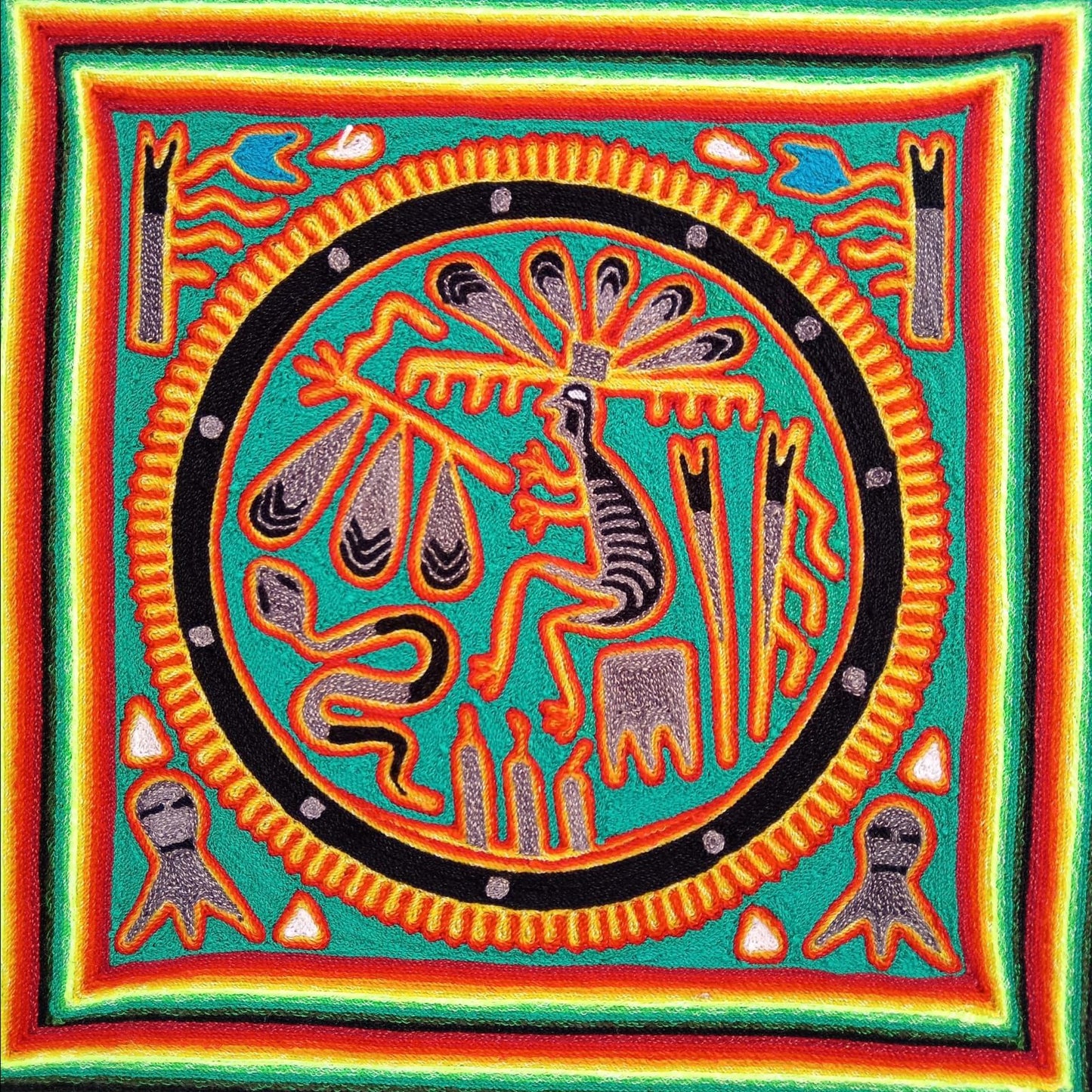 Huichol Indian Mexican Folk Art Yarn Painting by Silverio Gonzalez Rios PP8807