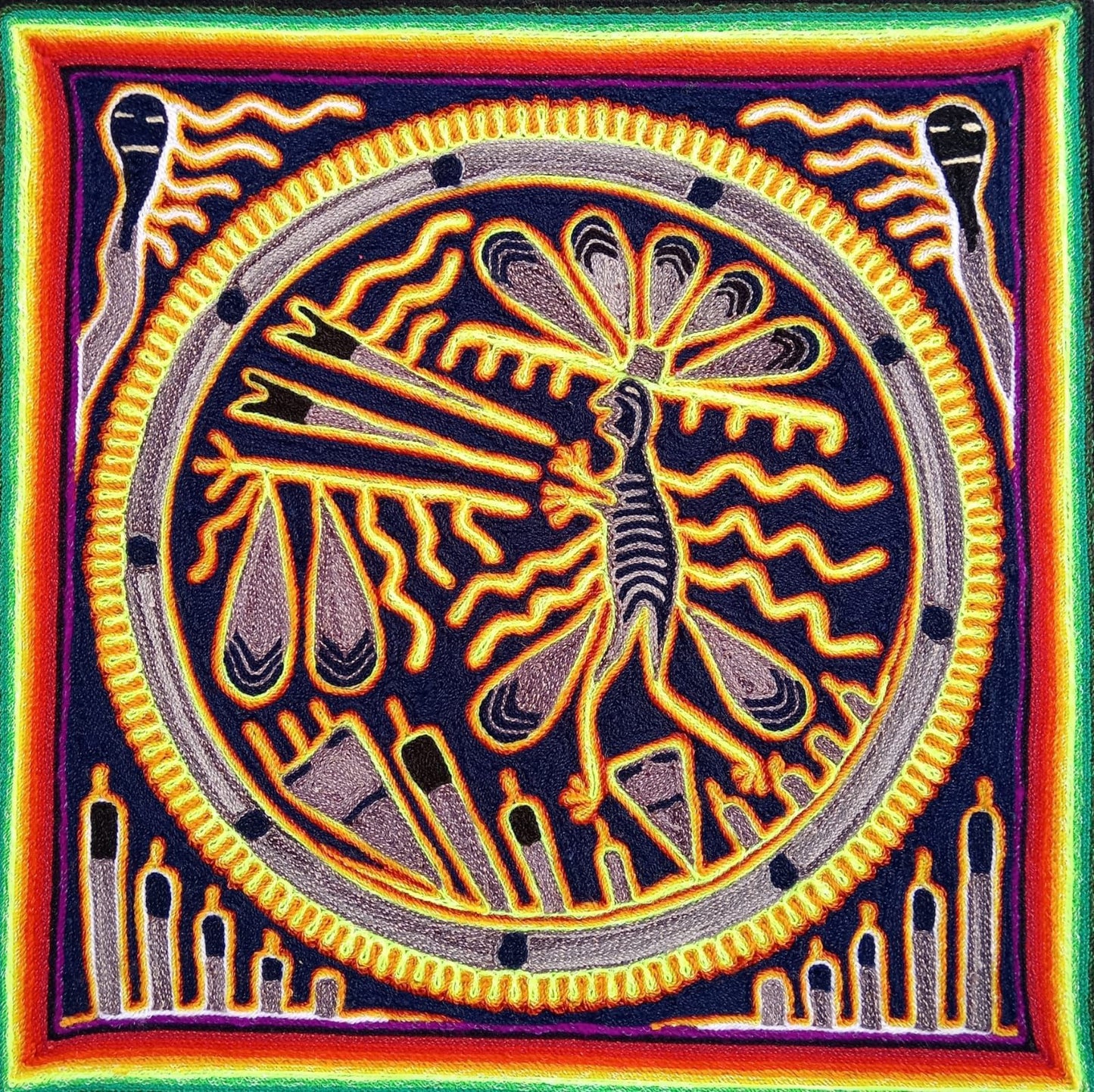 Huichol Indian Mexican Folk Art Yarn Painting by Silverio Gonzalez Rios PP8810