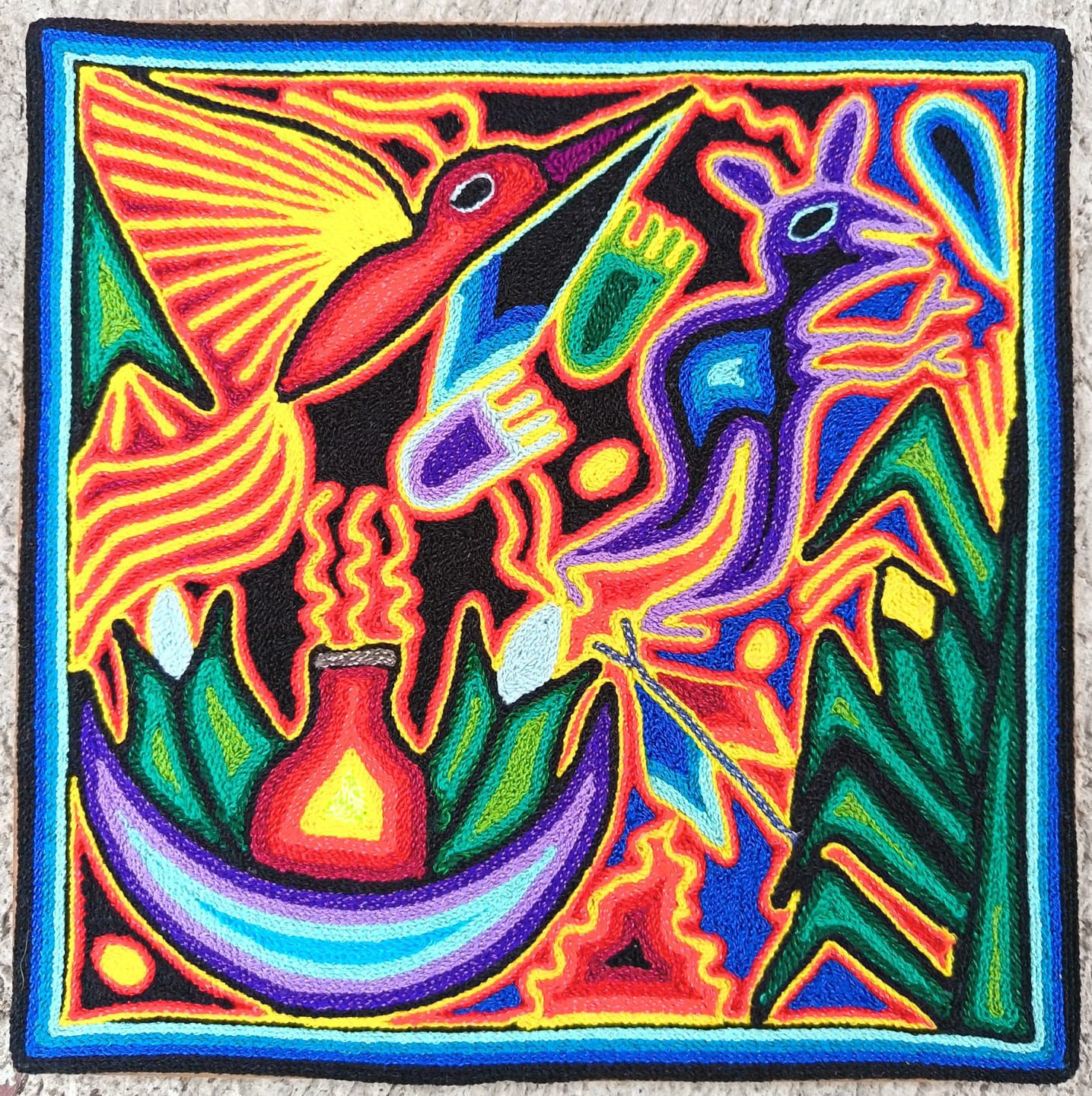 Tepehuano Yarn Painting Mexican Folk Art By Bautista Family PP8933