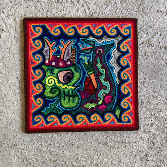 Mexican Folk Art Huichol Indian Yarn Painting by Luis Castro PP8950