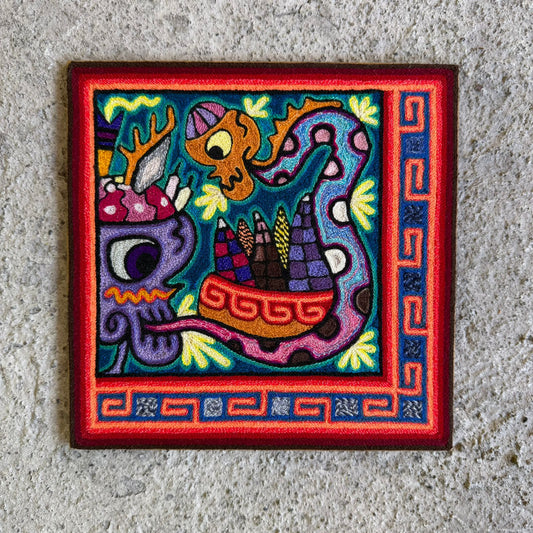Mexican Folk Art Huichol Indian Yarn Painting by Luis Castro PP8953