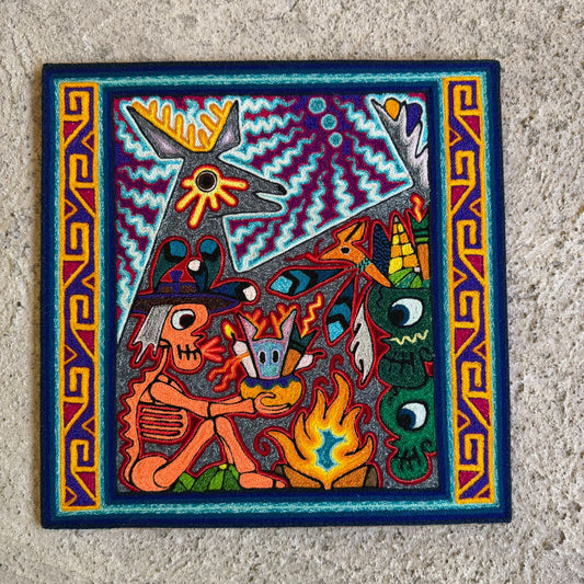 Mexican Folk Art Huichol Indian Yarn Painting by Luis Castro PP8955