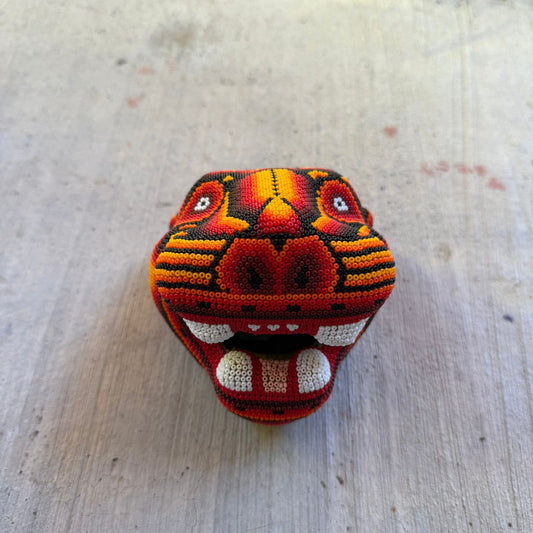 Mexican Folk Art Huichol Beaded Jaguar Head By Mayola Villa Lopez PP8982 Oaxaca