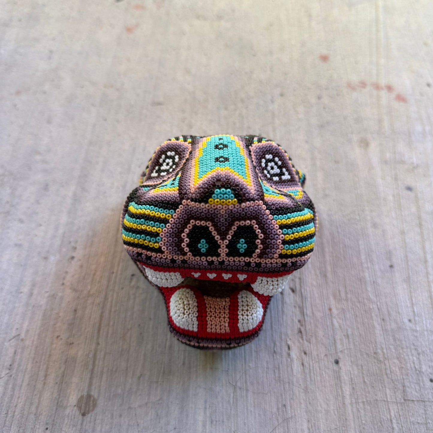 Mexican Folk Art Huichol Beaded Jaguar Head By Mayola Villa Lopez PP8984