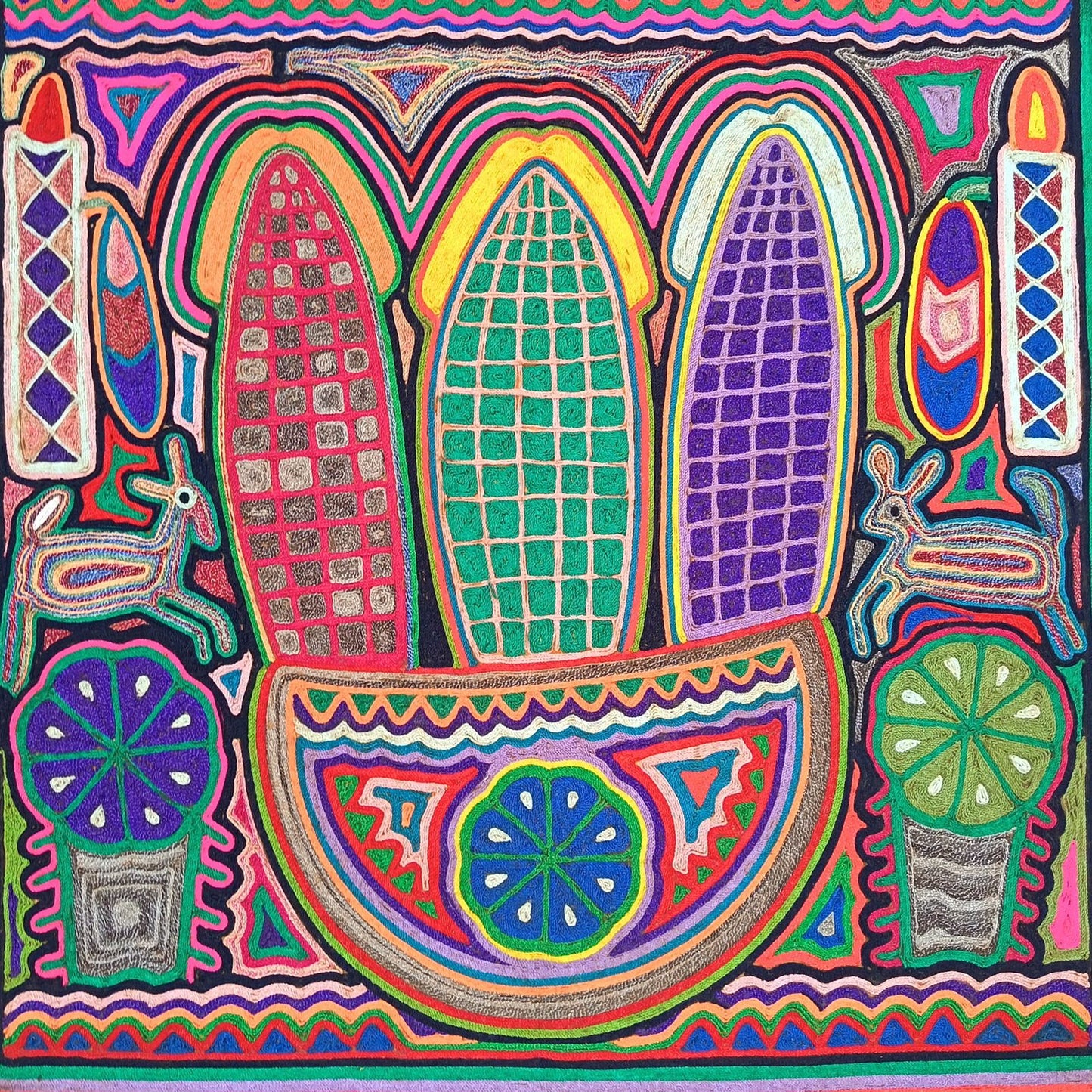 Huichol Indian Mexican Folk Art Yarn Painting by Jesus Jimenez PP9013
