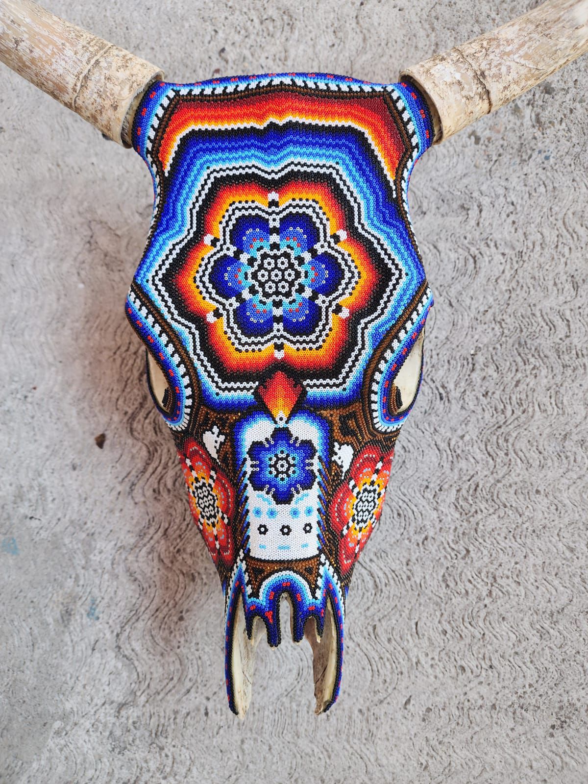 Huichol Indian Hand Beaded Bull Skull By Santos Bautista PP9045 Oaxaca