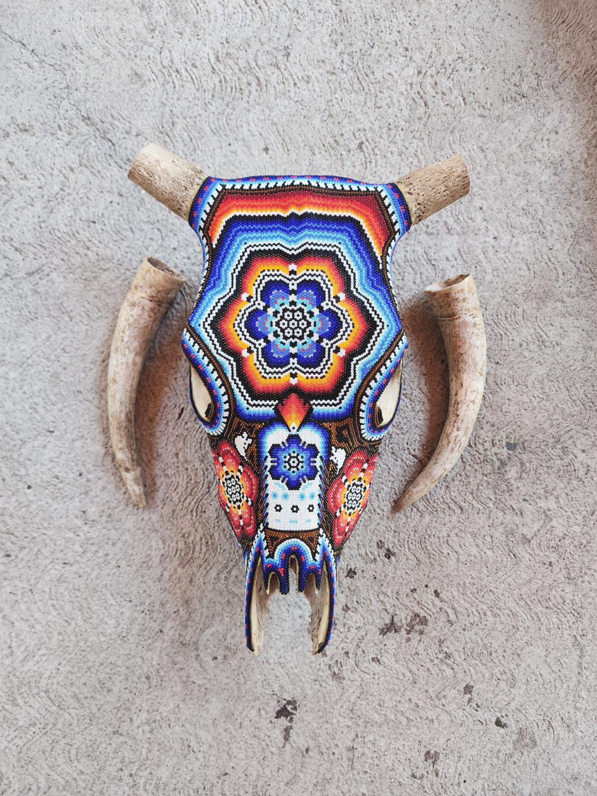 Huichol Indian Hand Beaded Bull Skull By Santos Bautista PP9045 Oaxaca