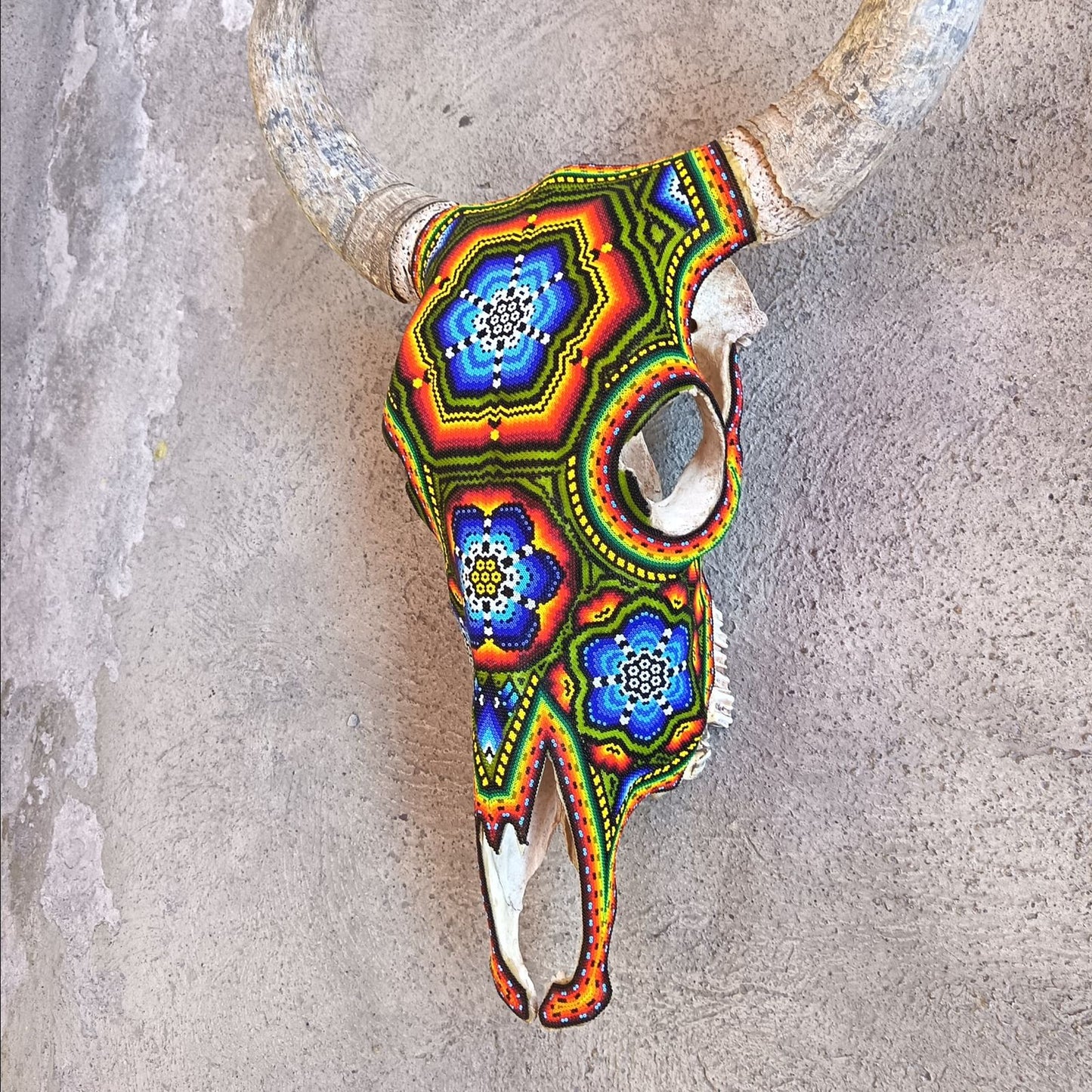 Huichol Indian Hand Beaded Bull Skull By Santos Bautista PP9048