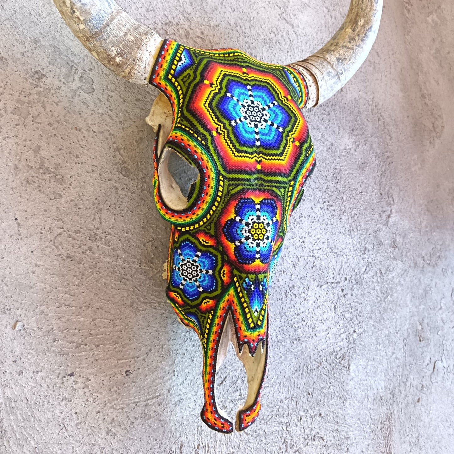 Huichol Indian Hand Beaded Bull Skull By Santos Bautista PP9048