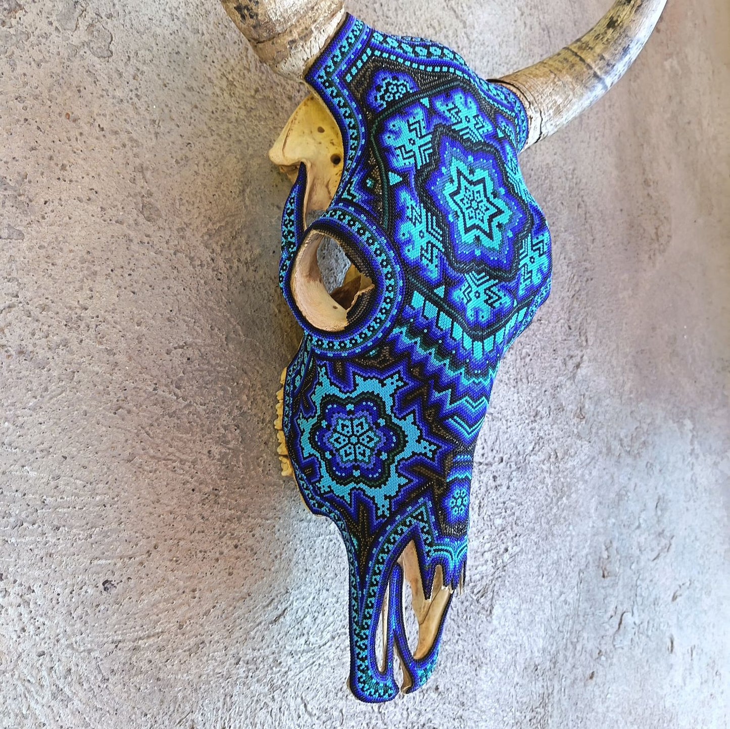 Huichol Indian Hand Beaded Bull Skull By Santos Bautista PP9049