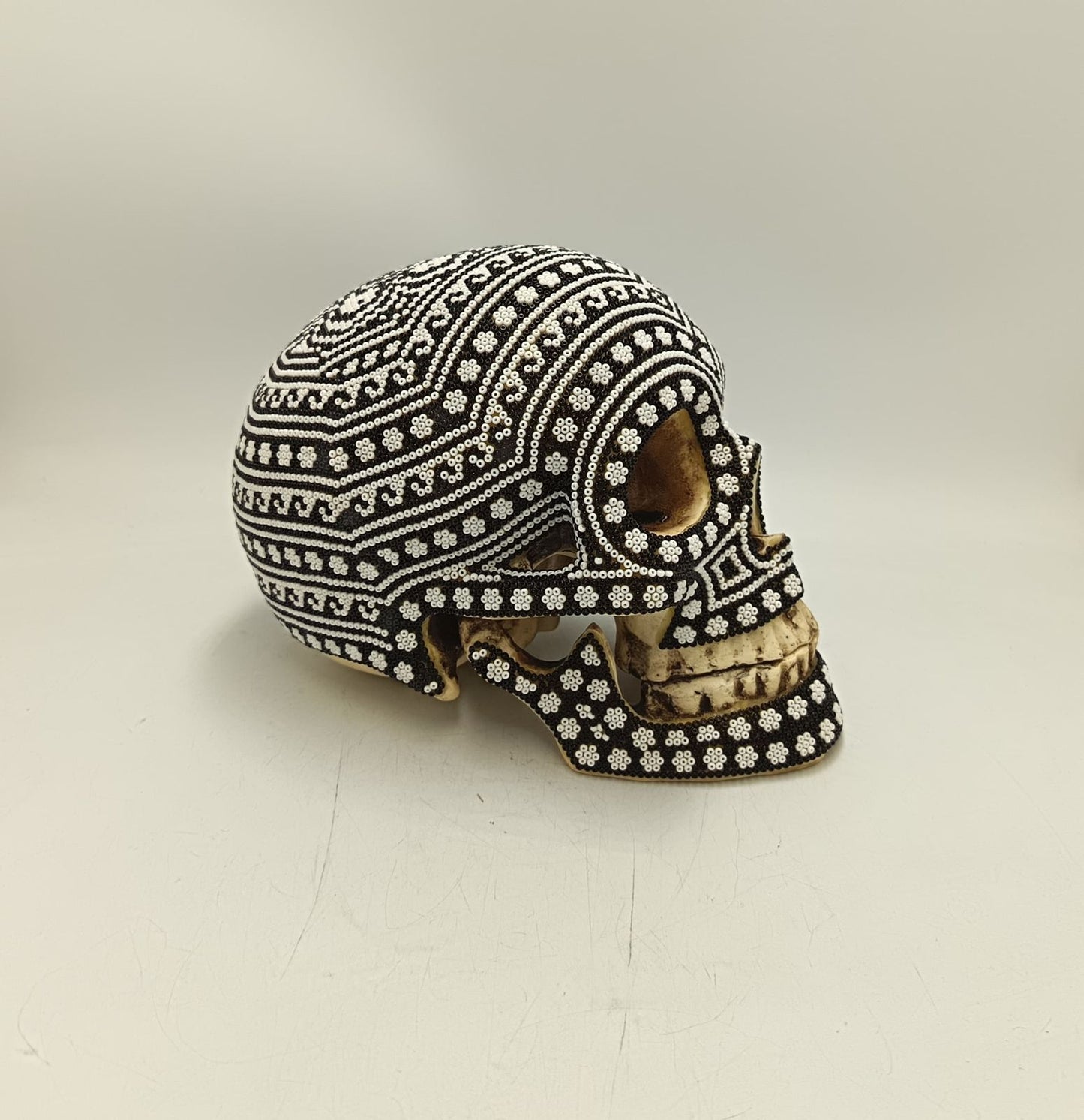 Huichol Hand Beaded Cast Resin Human Skull By Santos Bautita PP9050