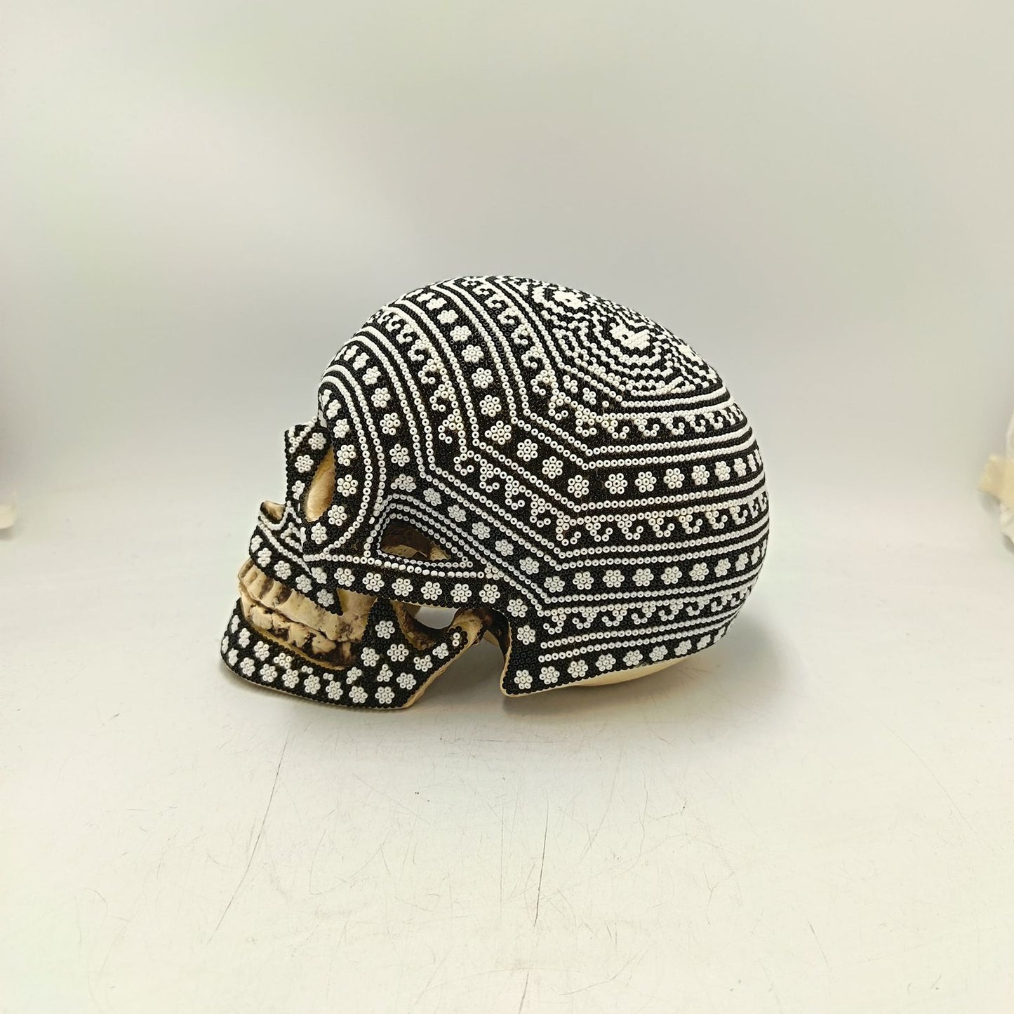 Huichol Hand Beaded Cast Resin Human Skull By Santos Bautita PP9050