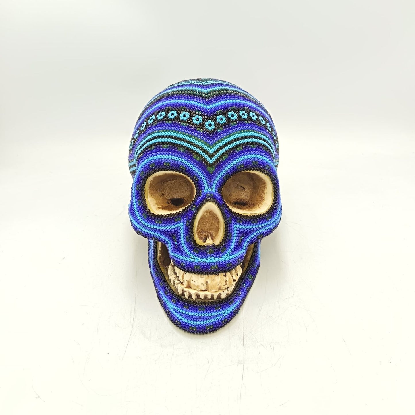 Huichol Hand Beaded Cast Resin Human Skull By Santos Bautita PP9051