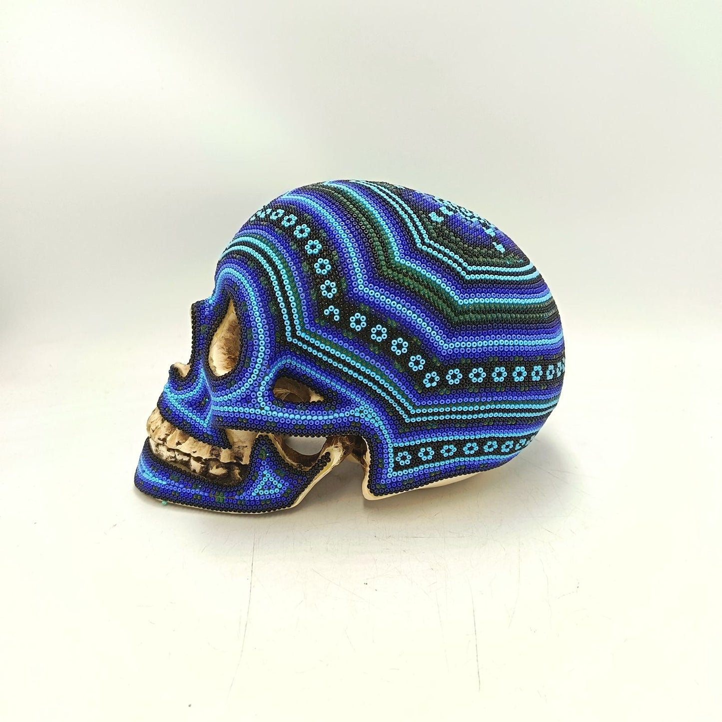 Huichol Hand Beaded Cast Resin Human Skull By Santos Bautita PP9051