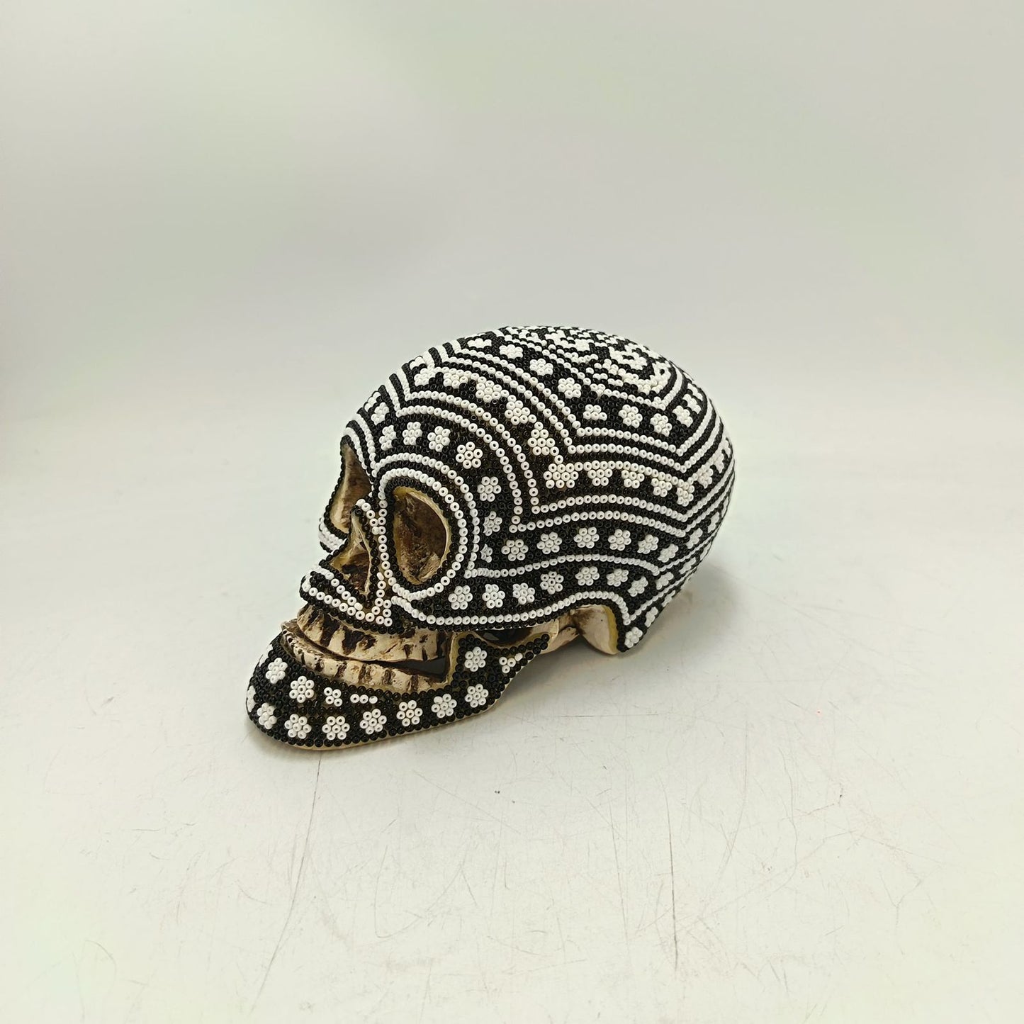 Huichol Hand Beaded Cast Resin Human Skull By Santos Bautista PP9052 Oaxaca