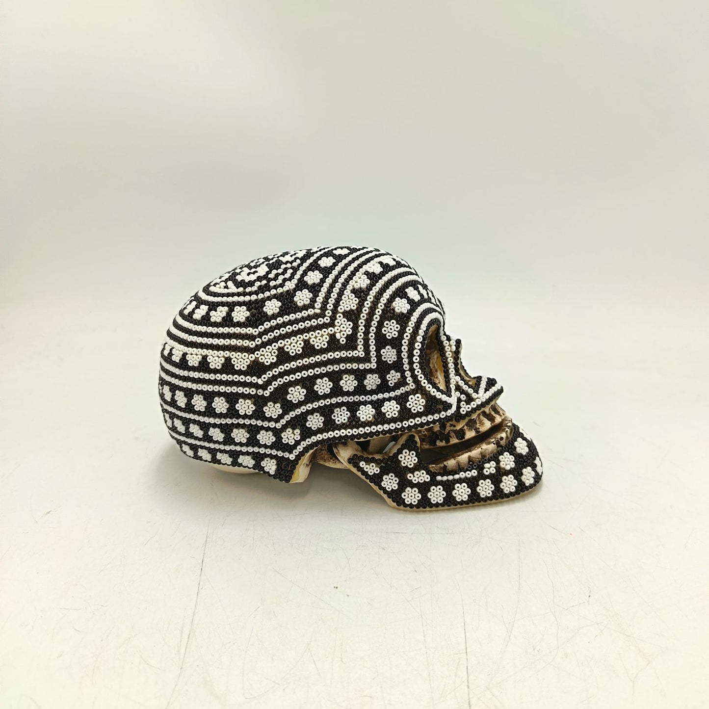 Huichol Hand Beaded Cast Resin Human Skull By Santos Bautista PP9052 Oaxaca