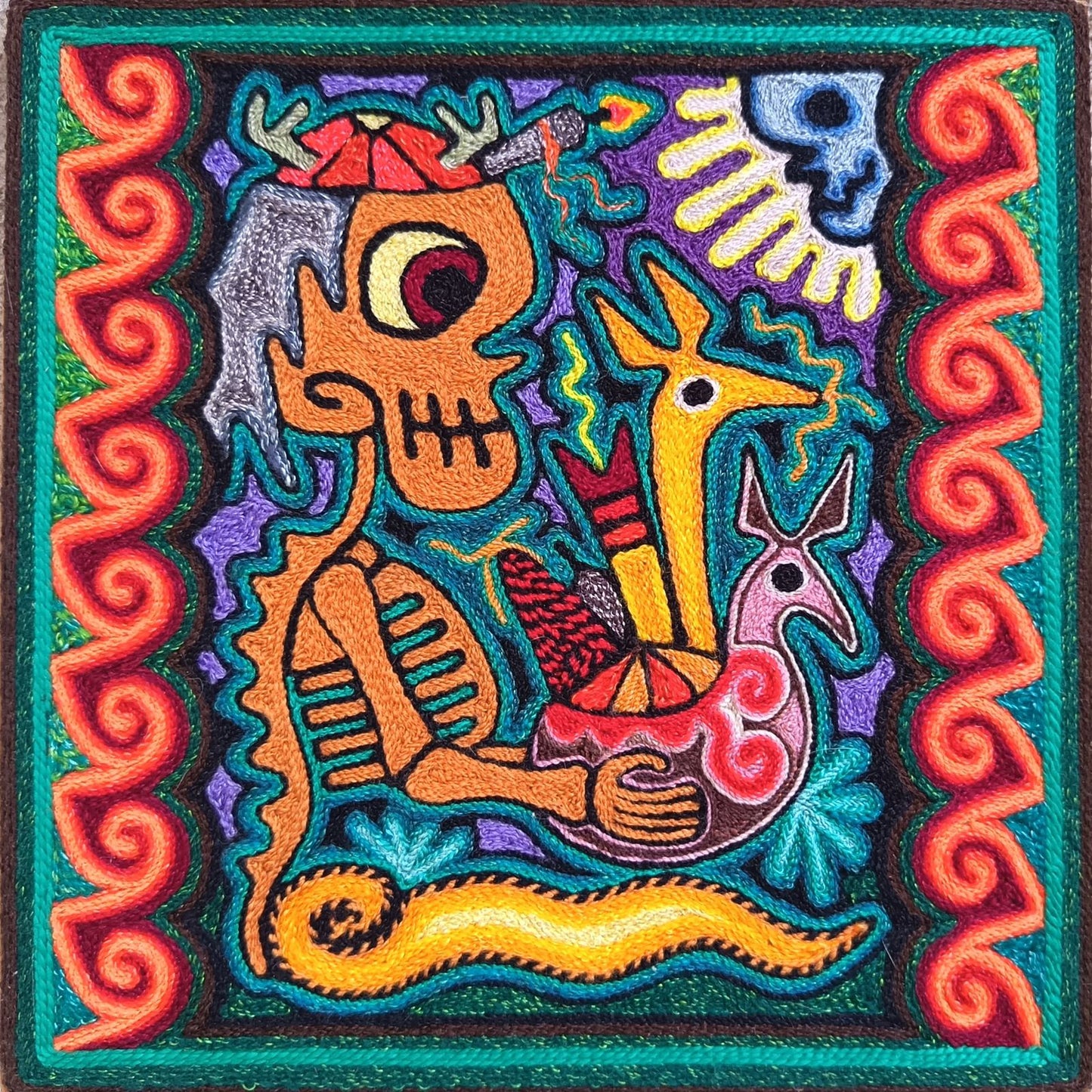 Mexican Folk Art Huichol Indian Yarn Painting by Luis Castro PP9058