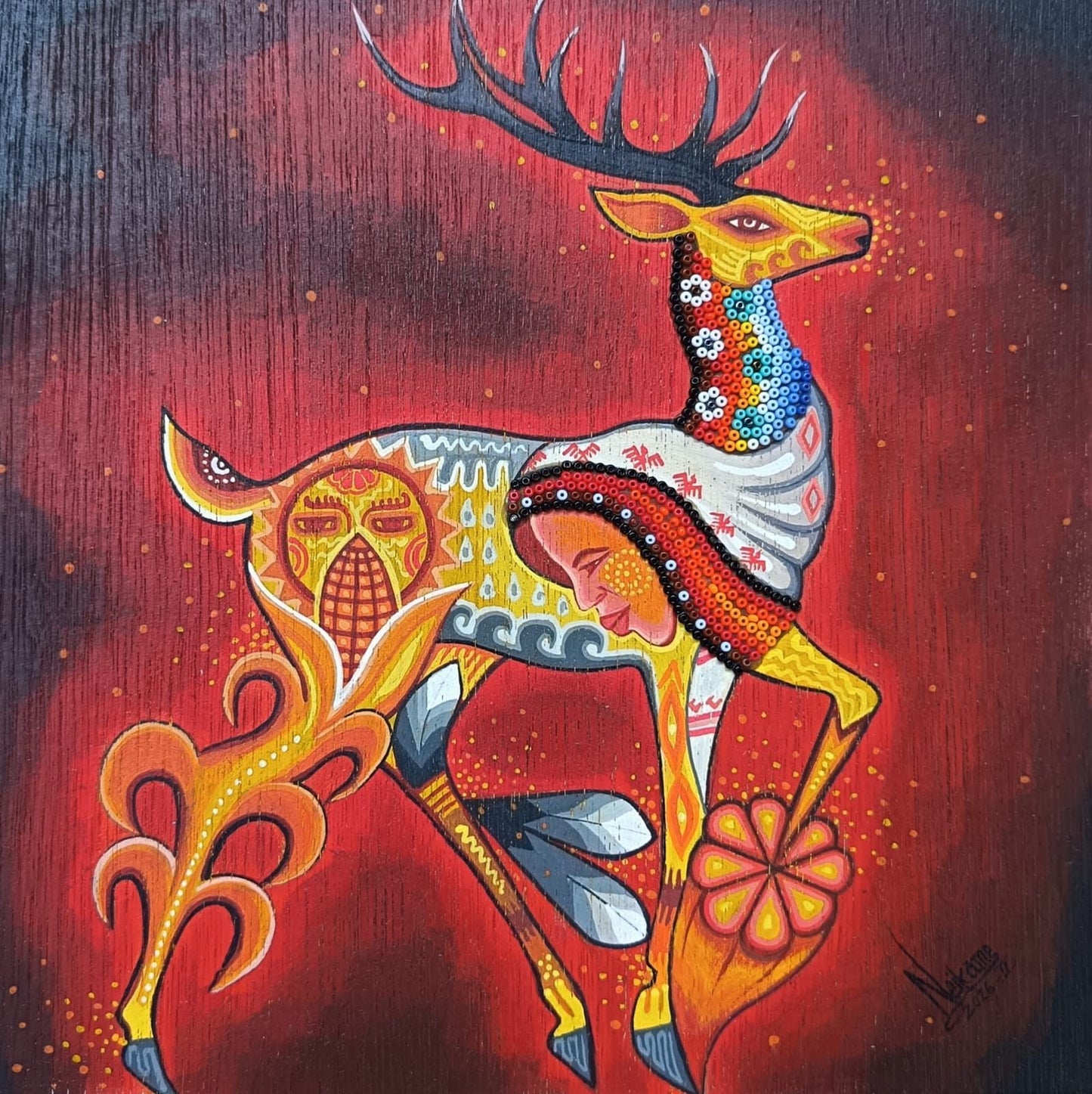 Huichol Mexican Folk Art Yarn Painting by Neikame PP9043