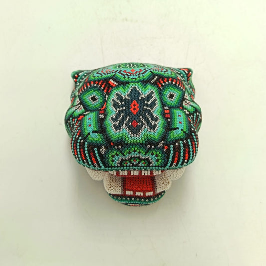 Huichol Mexican Hand Beaded Jaguar Head By Isandro Villa Lopez PP9093