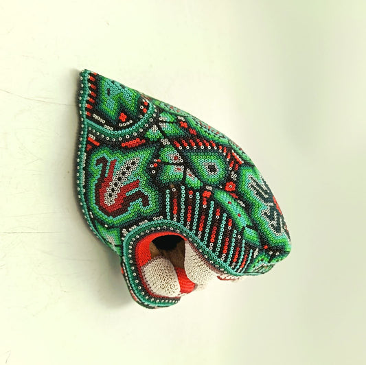 Huichol Mexican Hand Beaded Jaguar Head By Isandro Villa Lopez PP9093