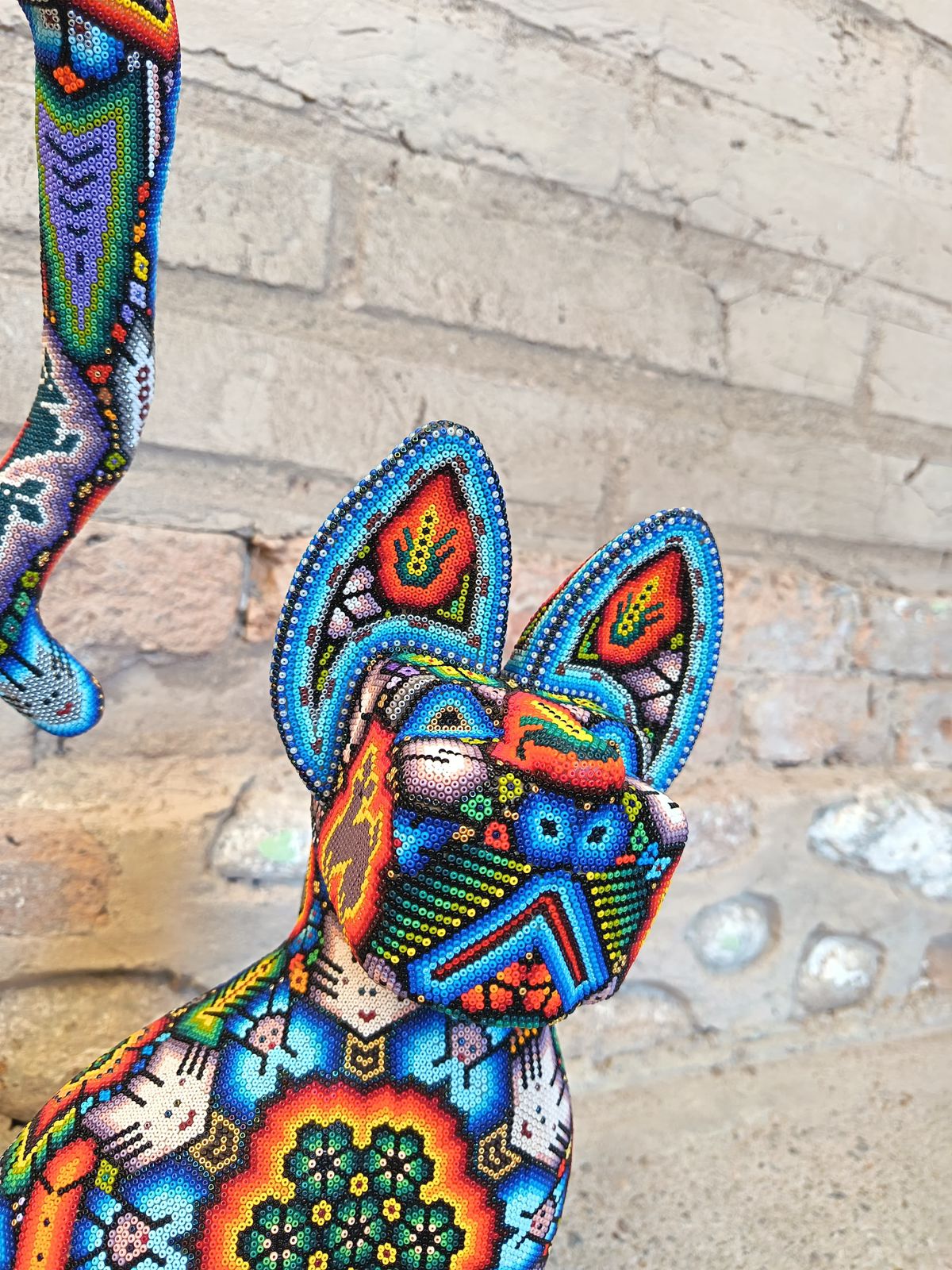 Mexican Huichol Hand Beaded Art, Cat By Isandro Villa Lopez PP9097