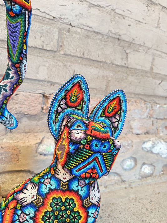 Mexican Huichol Hand Beaded Art, Cat By Isandro Villa Lopez PP9097