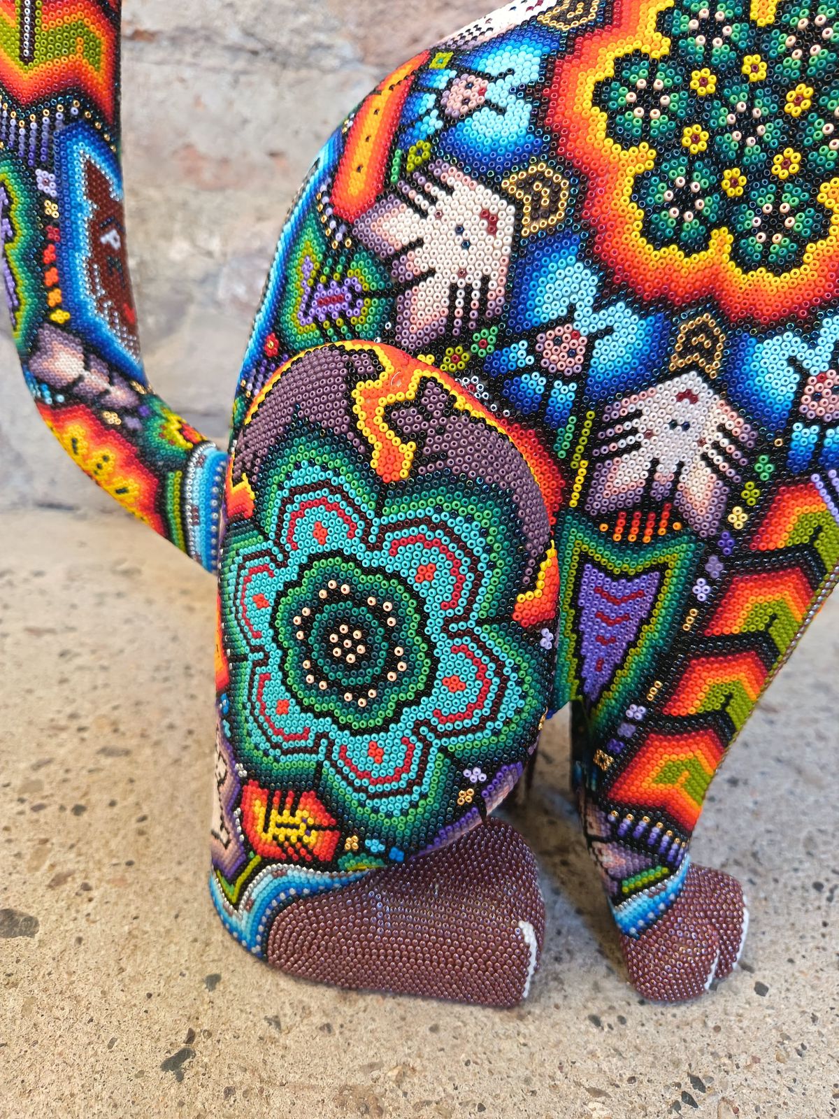 Mexican Huichol Hand Beaded Art, Cat By Isandro Villa Lopez PP9097