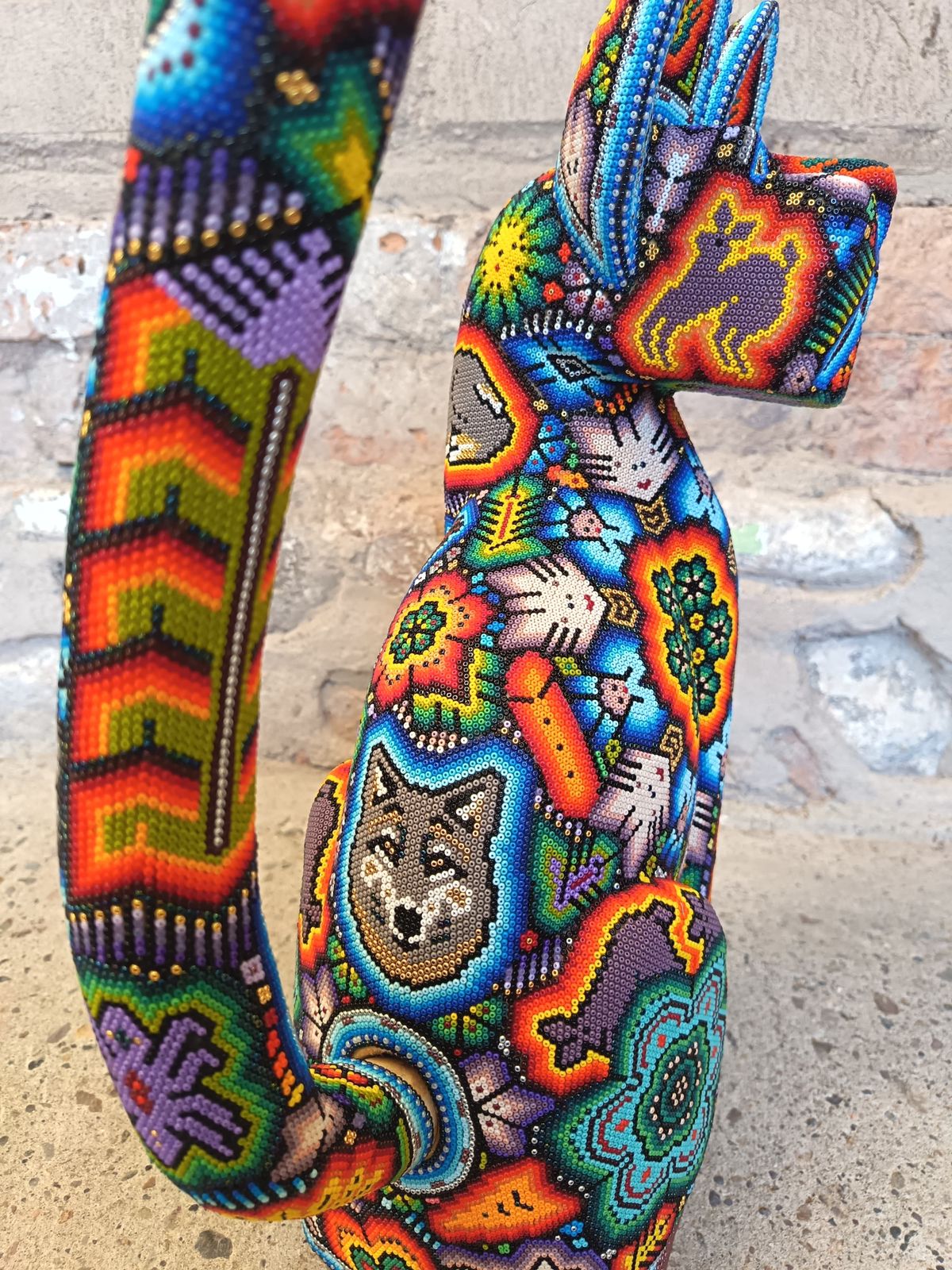 Mexican Huichol Hand Beaded Art, Cat By Isandro Villa Lopez PP9097