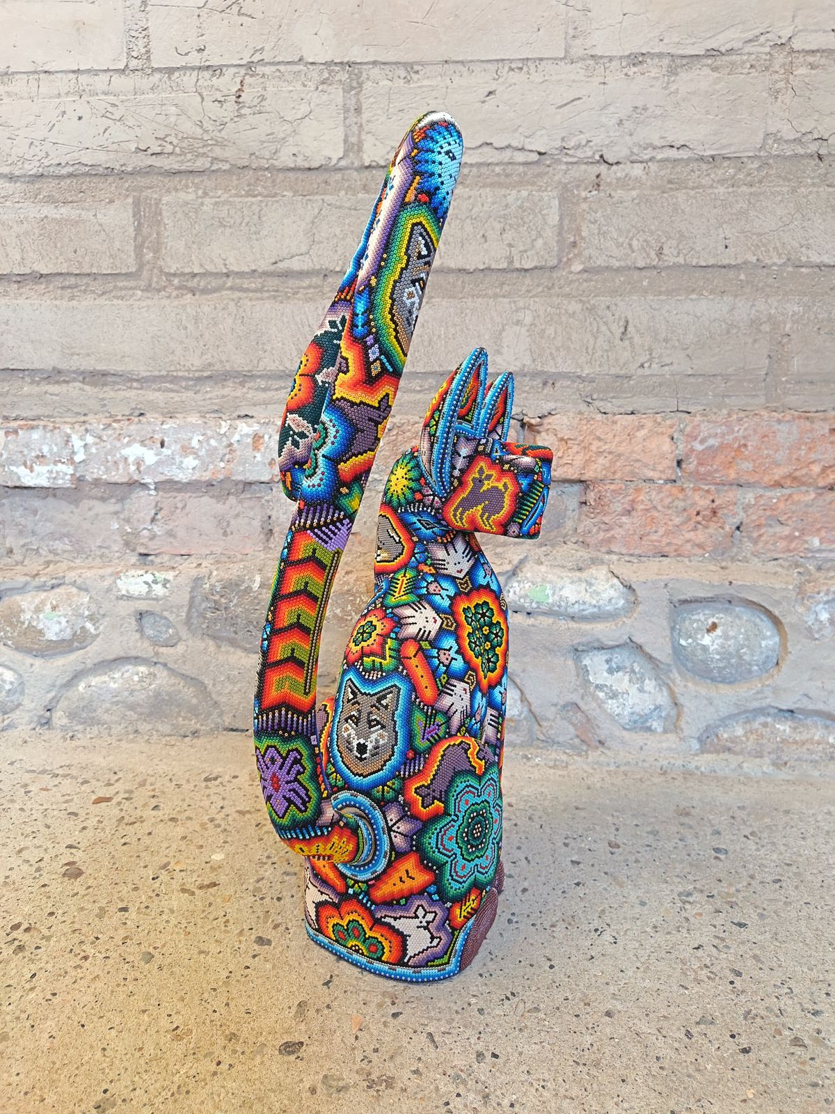 Mexican Huichol Hand Beaded Art, Cat By Isandro Villa Lopez PP9097