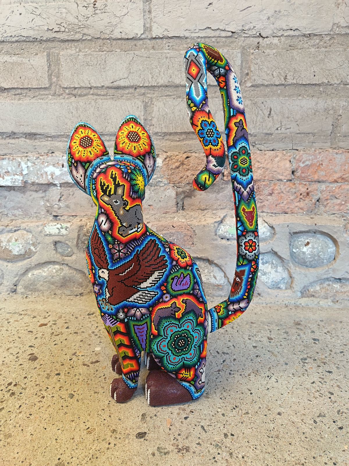 Mexican Huichol Hand Beaded Art, Cat By Isandro Villa Lopez PP9097