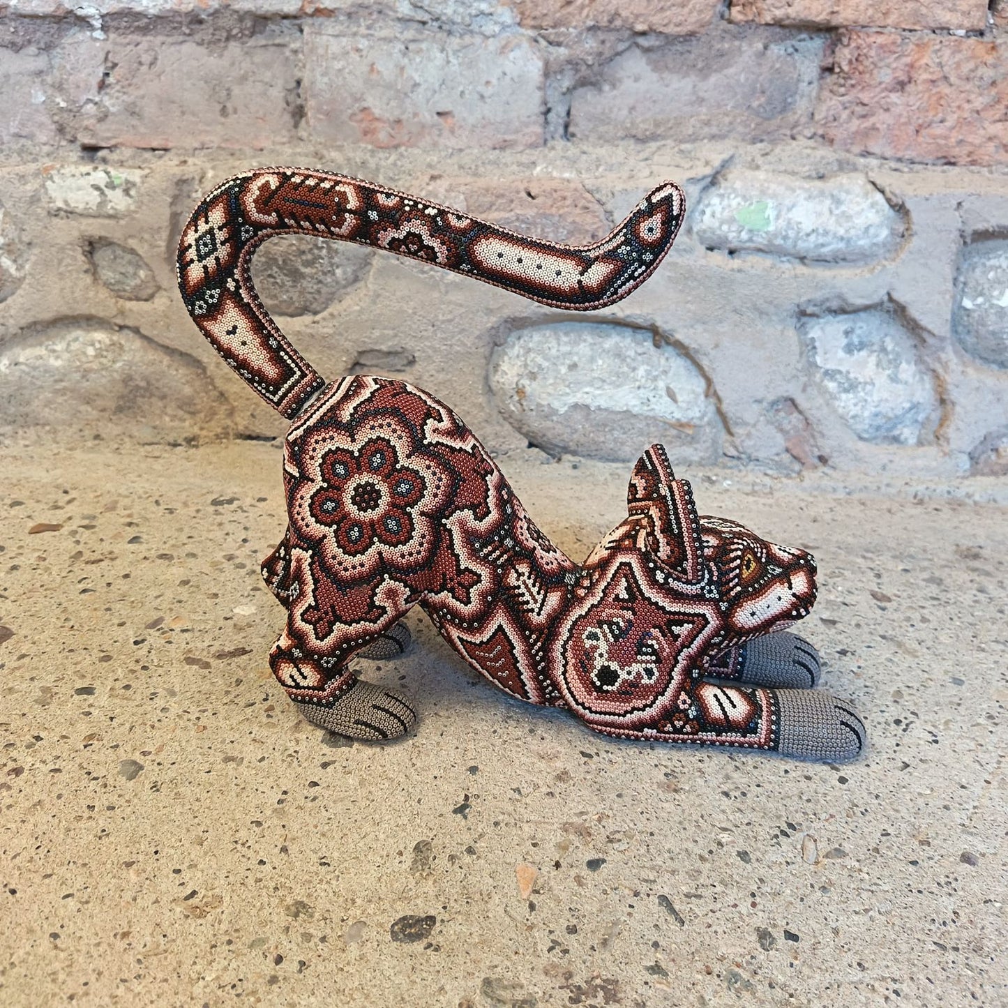 Mexican Huichol Hand Beaded Art, Cat By Isandro Villa Lopez PP9098