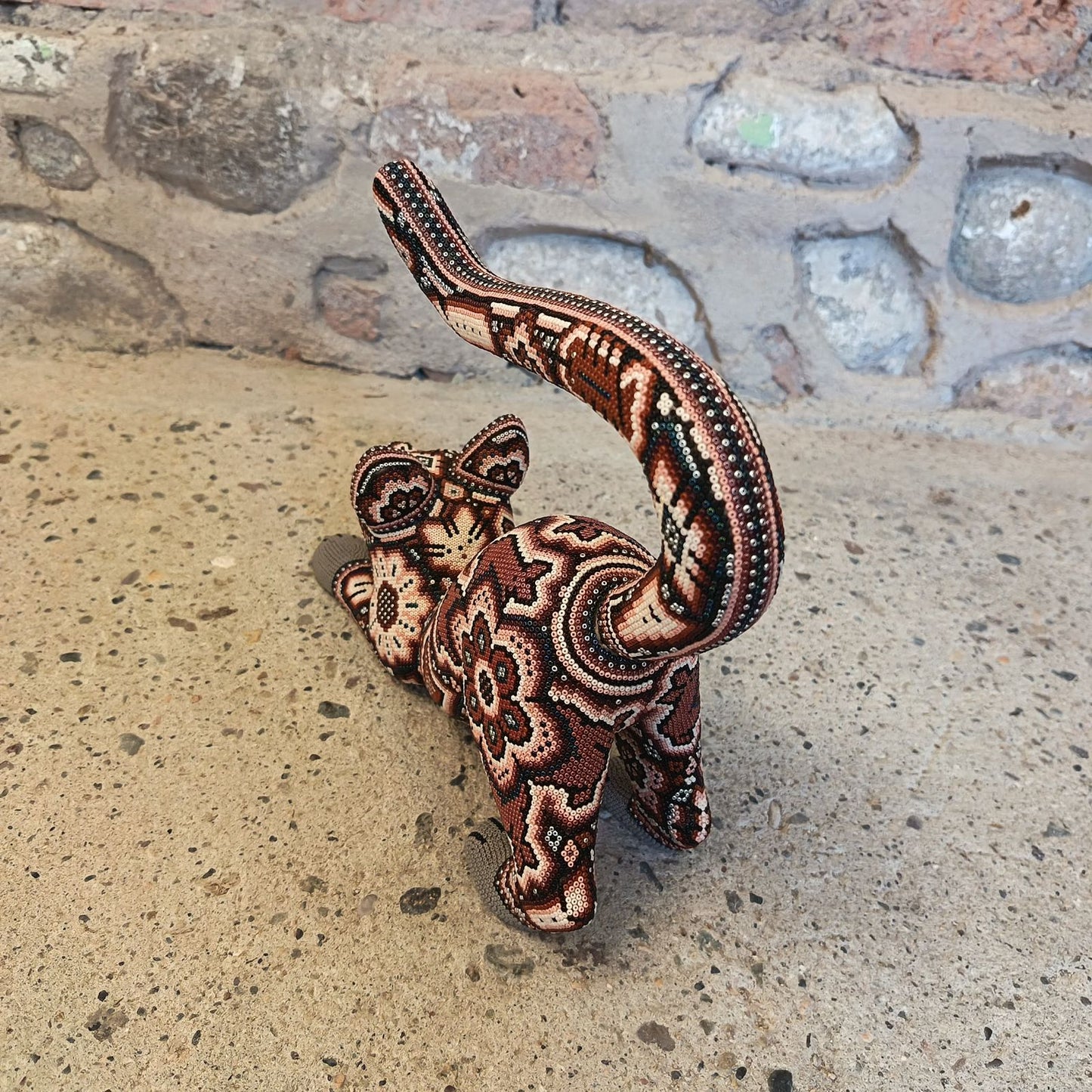 Mexican Huichol Hand Beaded Art, Cat By Isandro Villa Lopez PP9098
