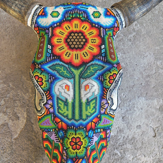 Mexican Folk Art Huichol Hand Beaded Bull Skull By Isandro Villa Lopez PP9108