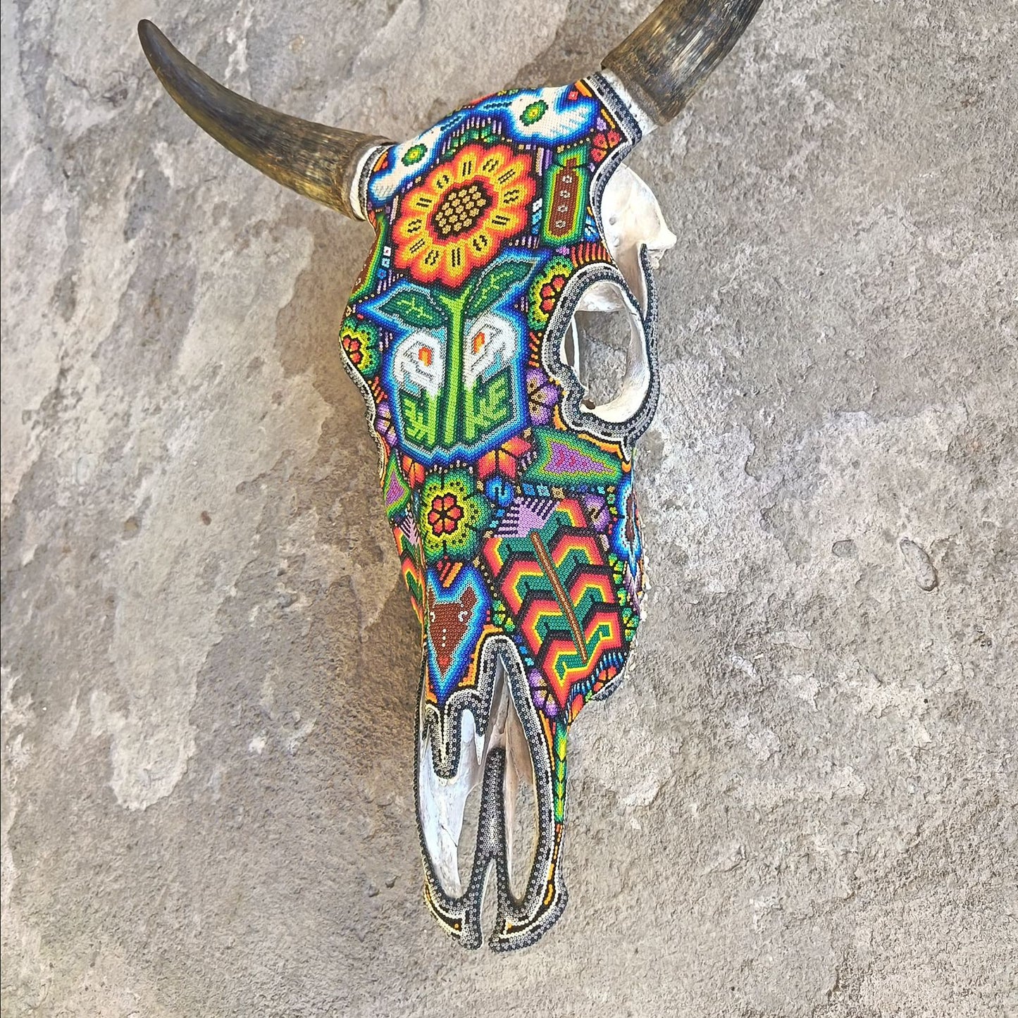 Mexican Folk Art Huichol Hand Beaded Bull Skull By Isandro Villa Lopez PP9108