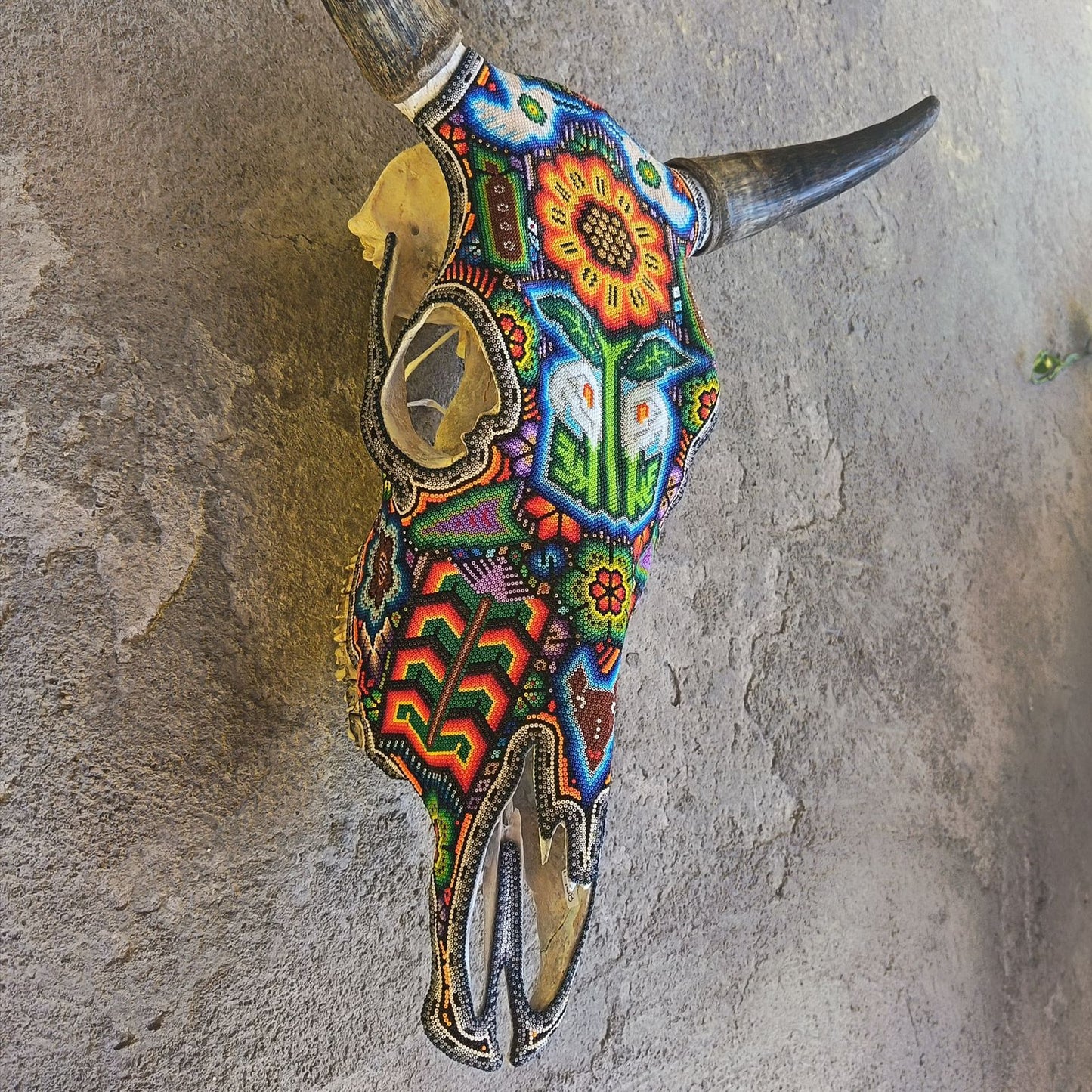Mexican Folk Art Huichol Hand Beaded Bull Skull By Isandro Villa Lopez PP9108