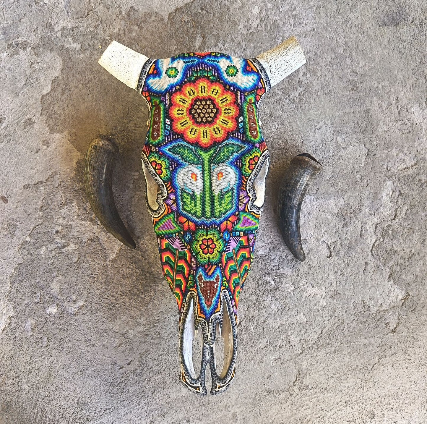 Mexican Folk Art Huichol Hand Beaded Bull Skull By Isandro Villa Lopez PP9108