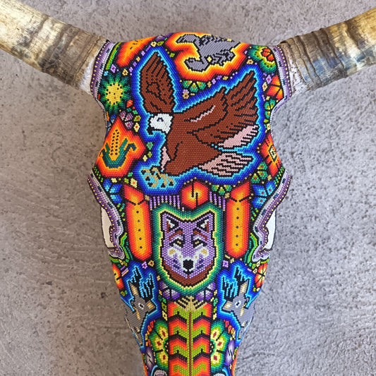Mexican Folk Art Huichol Hand Beaded Bull Skull By Isandro Villa Lopez PP9147