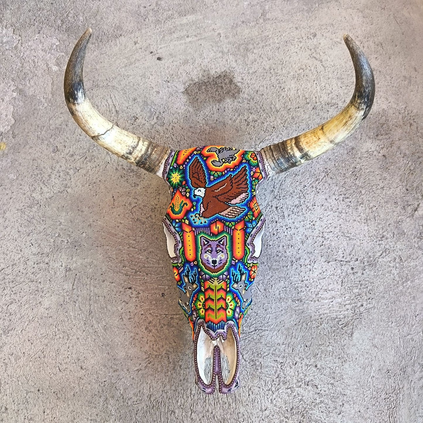Mexican Folk Art Huichol Hand Beaded Bull Skull By Isandro Villa Lopez PP9147