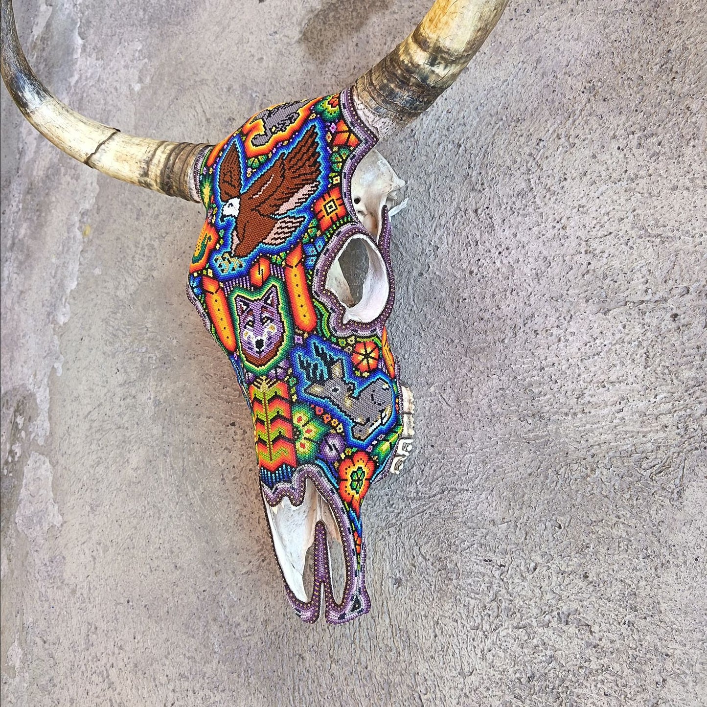 Mexican Folk Art Huichol Hand Beaded Bull Skull By Isandro Villa Lopez PP9147