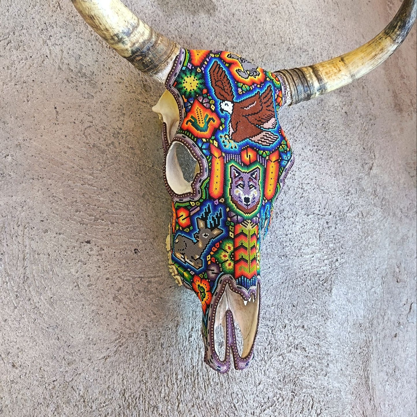 Mexican Folk Art Huichol Hand Beaded Bull Skull By Isandro Villa Lopez PP9147