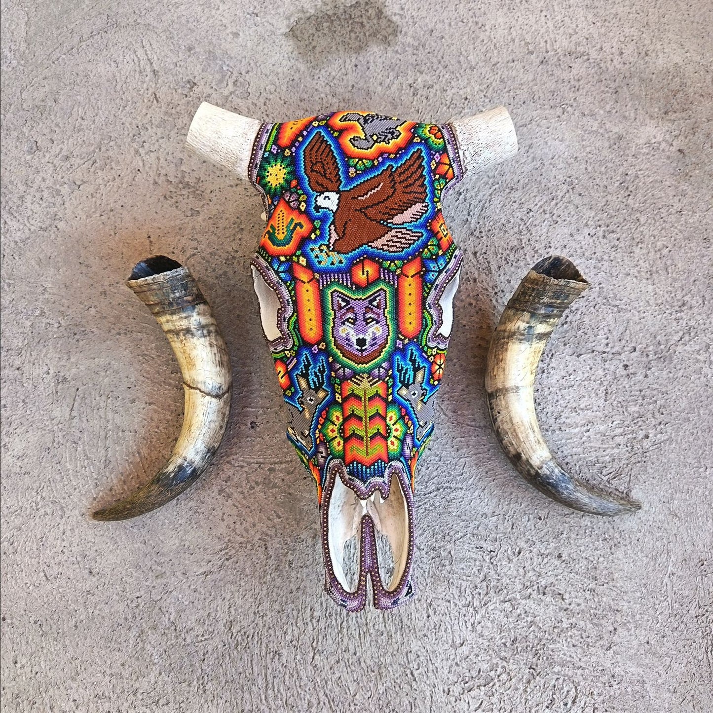 Mexican Folk Art Huichol Hand Beaded Bull Skull By Isandro Villa Lopez PP9147