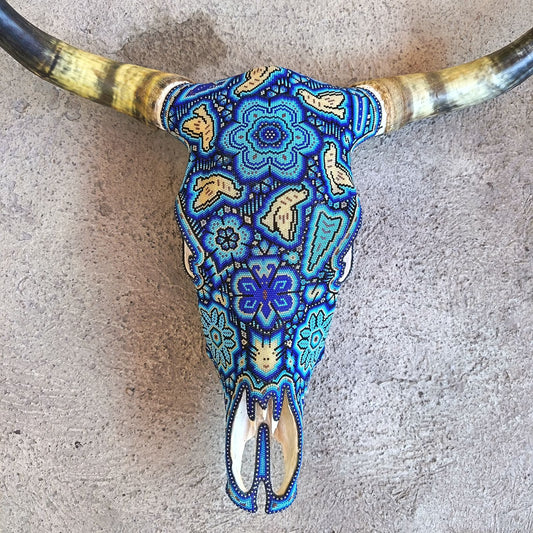Mexican Folk Art Huichol Hand Beaded Bull Skull By Isandro Villa Lopez PP9148