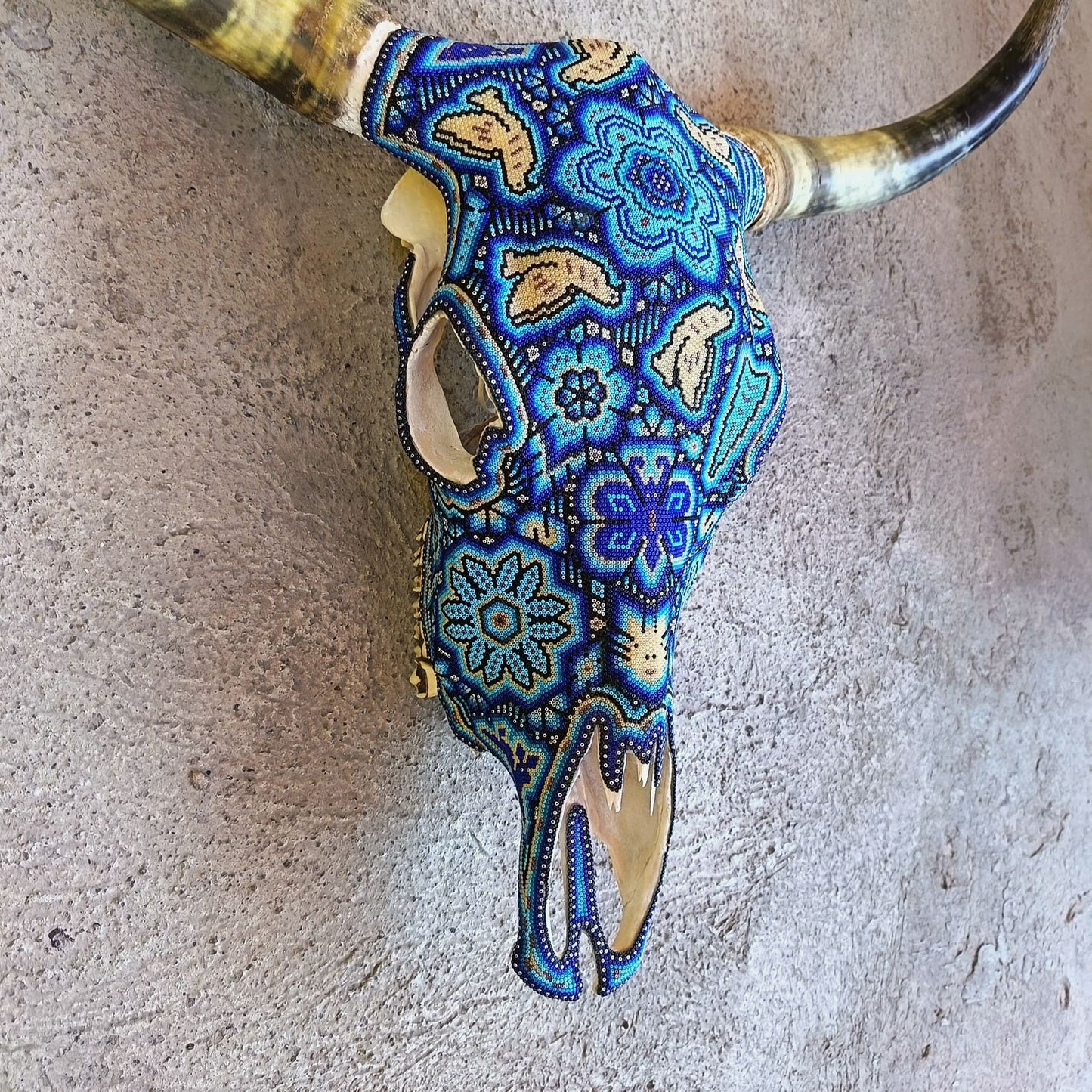 Mexican Folk Art Huichol Hand Beaded Bull Skull By Isandro Villa Lopez PP9148